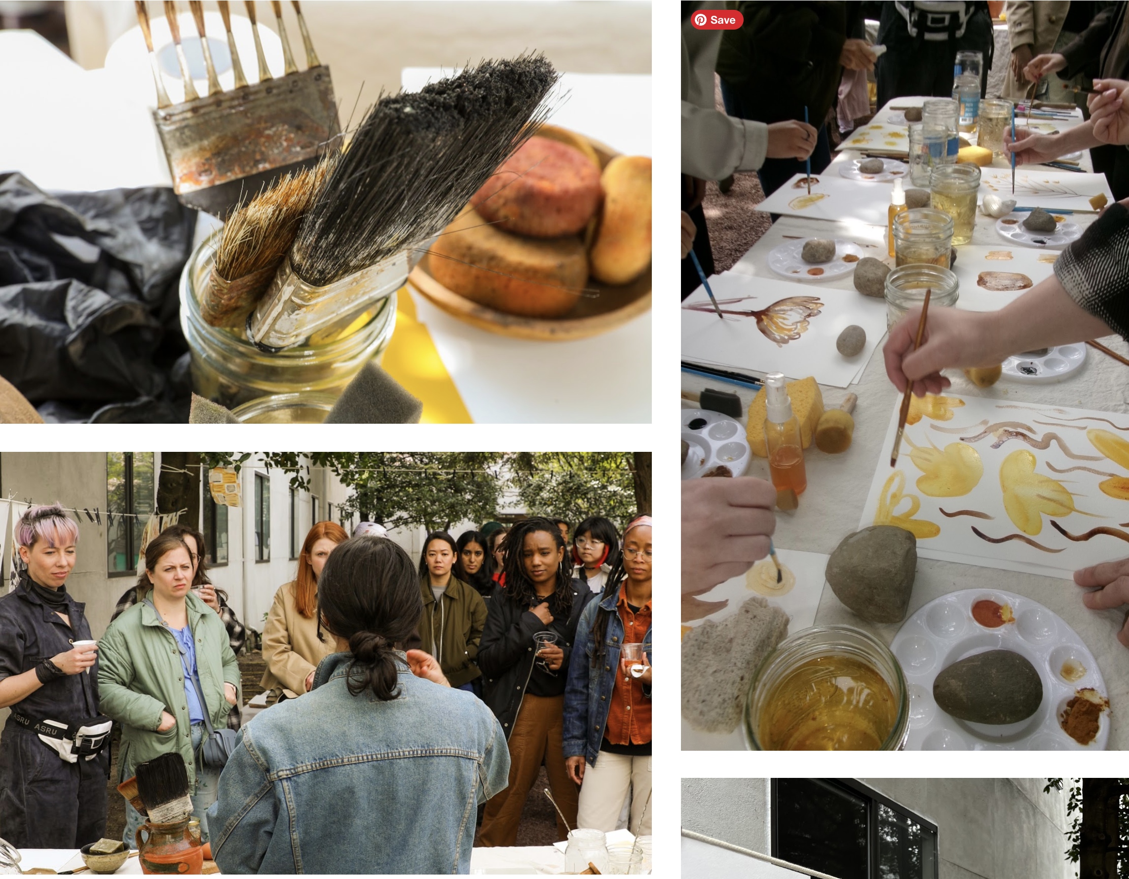 A collage of four images showing participants in a natural pigment painting workshop. The top-left image shows used paintbrushes and stones in jars. The top-right image shows people painting floral designs on paper with natural pigments. The bottom-left image shows a workshop instructor facing a group of participants. The bottom-right image captures a close-up of the painting process with palettes and natural materials.